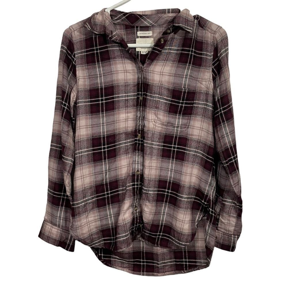 American Eagle Plaid Burgundy Casual Button Down Shirt
